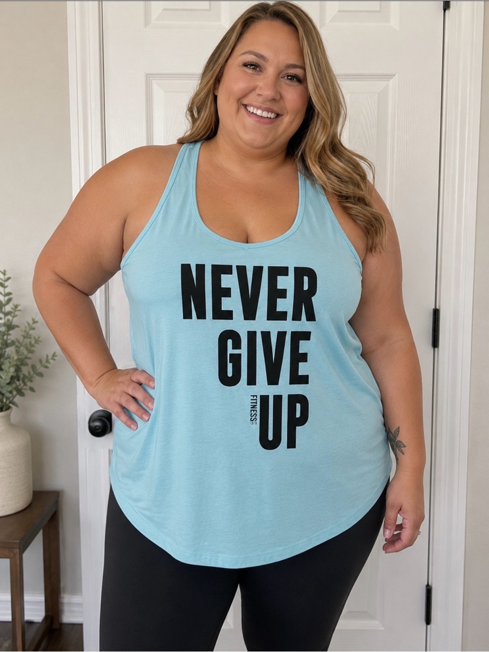 Fitness Tee Co. “Never Give Up” Blue Women's XXL Racerback Athletic Tank Top